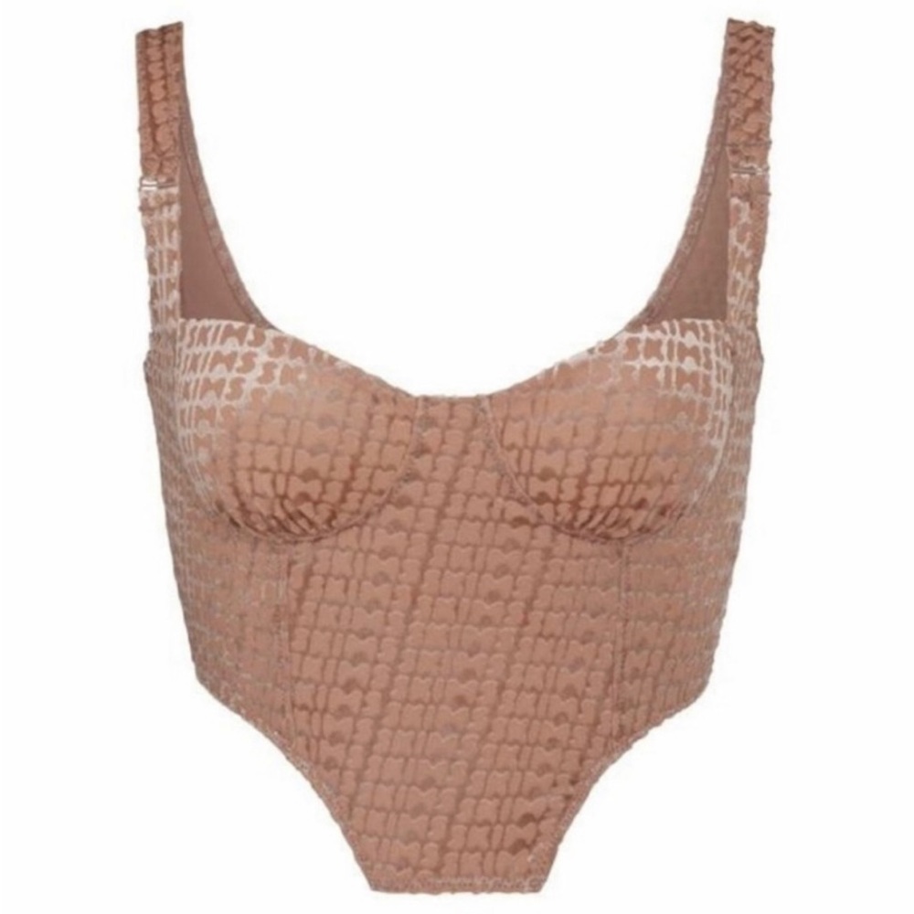 NEW 💯AUTH SKIMS CORSET BUSTIER TOP  SHEER LOGO STRETCH VELOUR MESH OCHRE LARGE